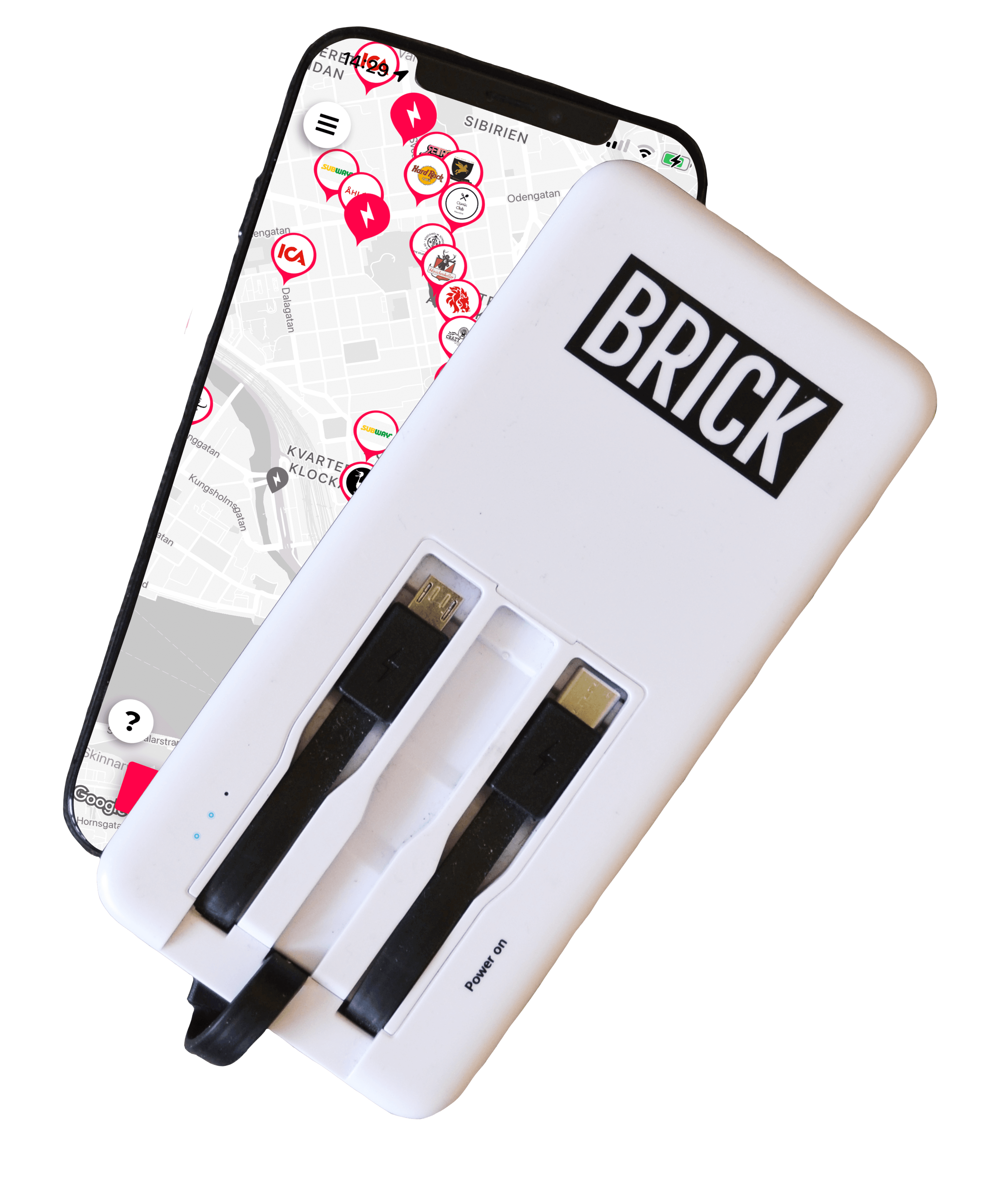 Eine an ein Telefon angeschlossene Powerbank